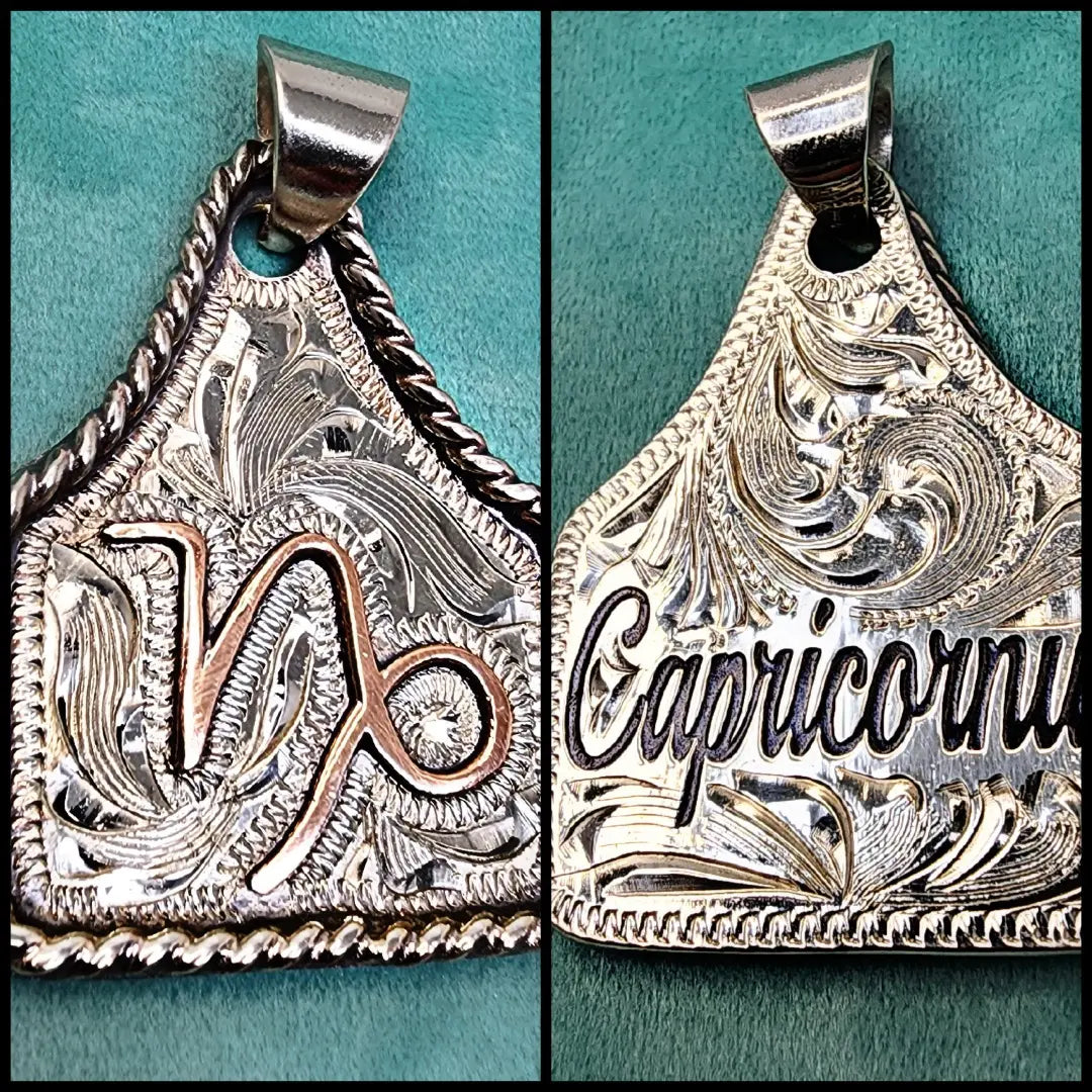 Handmade Zodiac Sign Cow Tag Necklace with Engraved Copper Pendant and Stainless Steel Chain