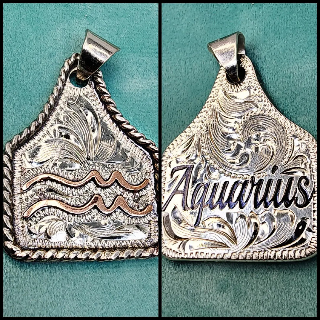 Handmade Zodiac Sign Cow Tag Necklace with Engraved Copper Pendant and Stainless Steel Chain