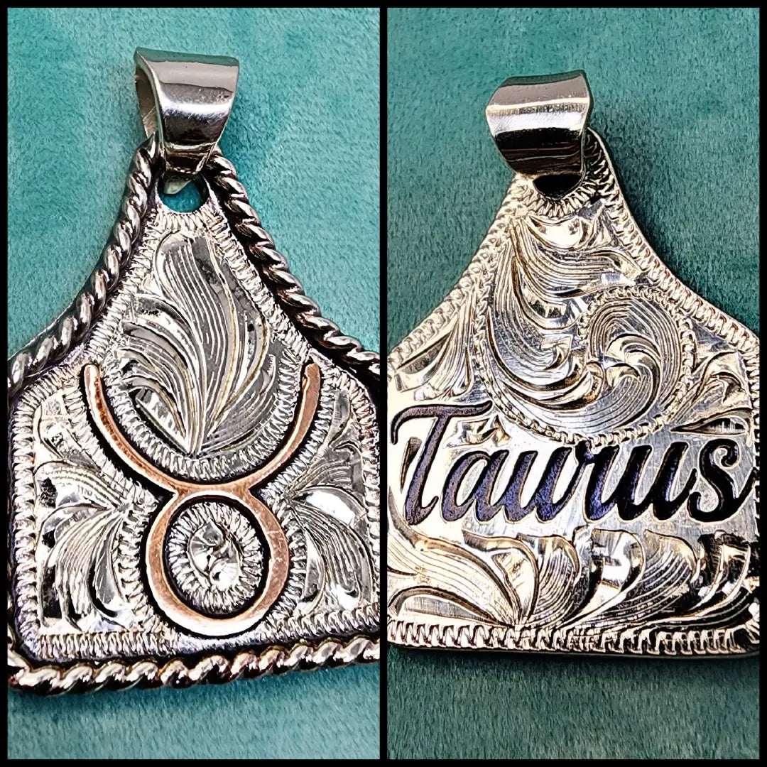 Handmade Zodiac Sign Cow Tag Necklace with Engraved Copper Pendant and Stainless Steel Chain